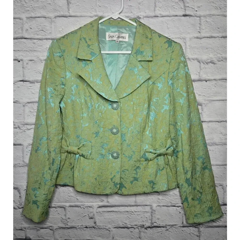 Vintage Y2K Sara Campbell green mint embroidered blazer bow pockets 6.